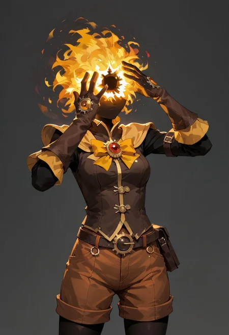 score_9, score_8_up, score_7_up,
lord_of_frenzy, fire head,
novakin, faceless, no eyes, no mouth, no nose, no facial features, short fiery yellow orange hair, body made of black plasma,
open hands, hands on face front,
hands on own head,
magical girl outfit, steampunk dress, boots, (brown shorts:1.1), black tights, medium breasts, belt,
simple background, grey background,
