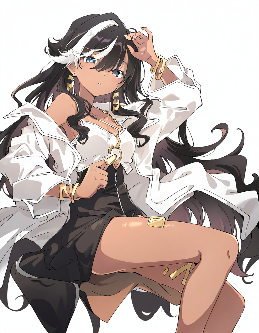 baifuzhang,1girl,solo,dark skin,looking at viewer,(simple background:1.1),(white background:1.1),cowboy shot,<lora:baifuzhang-000010:1>,, masterpiece, best quality, very aesthetic, absurdres,newest, incredibly absurdres,, (Ixy:0.6)),(hiten \(hitenkei\):0.7),