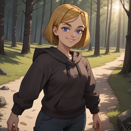 score_9, score_8, BREAK, solo, total drama, 1girl, dark blonde hair, indigo eyes, black eyebrows, lips, dark brown hoodie, dark blue pants, green sneakers, Jo_(Total_Drama), tdroti, sexy pose, smile, outdoors, sunlight, shadows, evening lighting, natural lighting, forest, trees, grass, orange sky, sunset