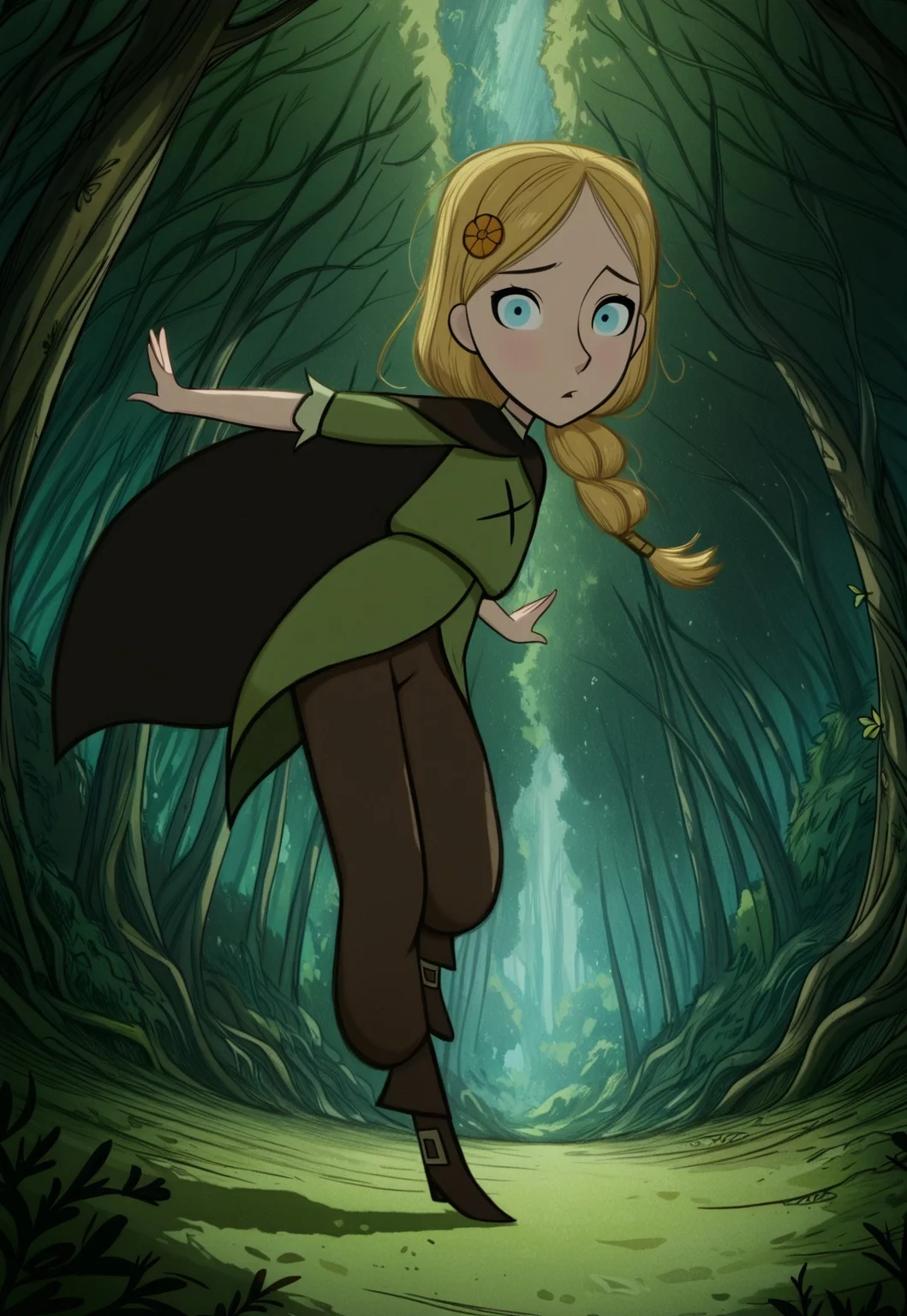 handsfree, masterpiece, best quality, amazing quality, very aesthetic, 1girl, solo, outdoors, forest, full body, looking at viewer, dynamic pose, dynamic angle,
robyn_hunter_braid, blue eyes, blonde hair, long hair, braid, hair ornament, cape, green dress, brown pants, hair flower