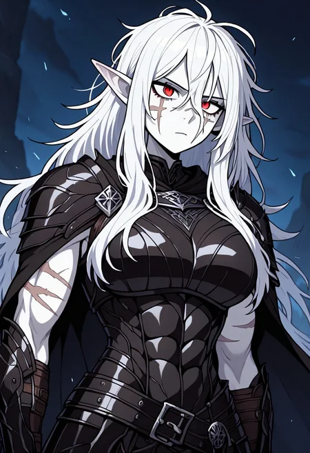 masterpiece, best quality, newest, absurdres, highres,
INFMixV1.0,
1girl, pale, white skin, colored skin, pale skin, elf, pointy ears, muscular woman, armor, cape, leather armor, scar, scars on face, white hair, long hair, messy hair, armor, leather armor, black armor, black leather