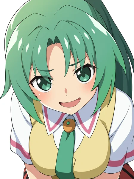 higurashimei, 1girl, solo, smile, open mouth, shirt, green eyes, school uniform, ponytail, :d, necktie, green hair, green necktie, sonozaki_mion, ((simple_background, white_background)), looking_at_viewer, blush, closed_mouth, upper_body, from_above, 
(masterpiece, best quality, absurdres, highres, newest:1.2), very awa, 
