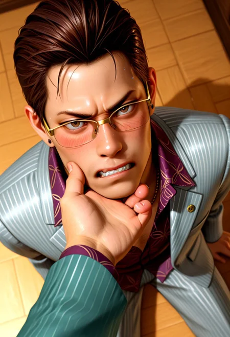 perfect anatomy, perfect proportions, best quality, masterpiece, high_resolution, high quality, best aesthetic, incredibly absurdres, highres, extremely detailed, huge filesize, ( bara, solo male, male focus, adult, mature, masculine, manly, rugged:1.4), handsome, charming, alluring, dutch angle, cowboy shot, (perfect face, detailed face, photorealistic, realistic:1.3), source_game \(Judgment\), official style \(Judgment\), Toru Higash, YKZToru, dark brown hair, short hair, slicked back hair, faint facial hair, YKZToru_outfit01, gold half-frame sunglasses, light grey pinstriped suit, untucked purple and gold patterned dress shirt, purple button-up shirt, untucked shirt, lapel collar shirt, gold chain necklace, light grey pinstriped jacket, light grey pinstriped pants, oxblood cap-toe oxfords, oxblood shoes, left earrings, black ear stud, white ear piercing, lapel pin, depth of field, looking at viewer, (from above, hand on another's chin, chin grab, looking up, pov), hand grab, other person hand close up, face focus, kneeling, big hand, serious, mad, angry, nervous, look at viewer,clench teeth, tsundere, blush, bashful
