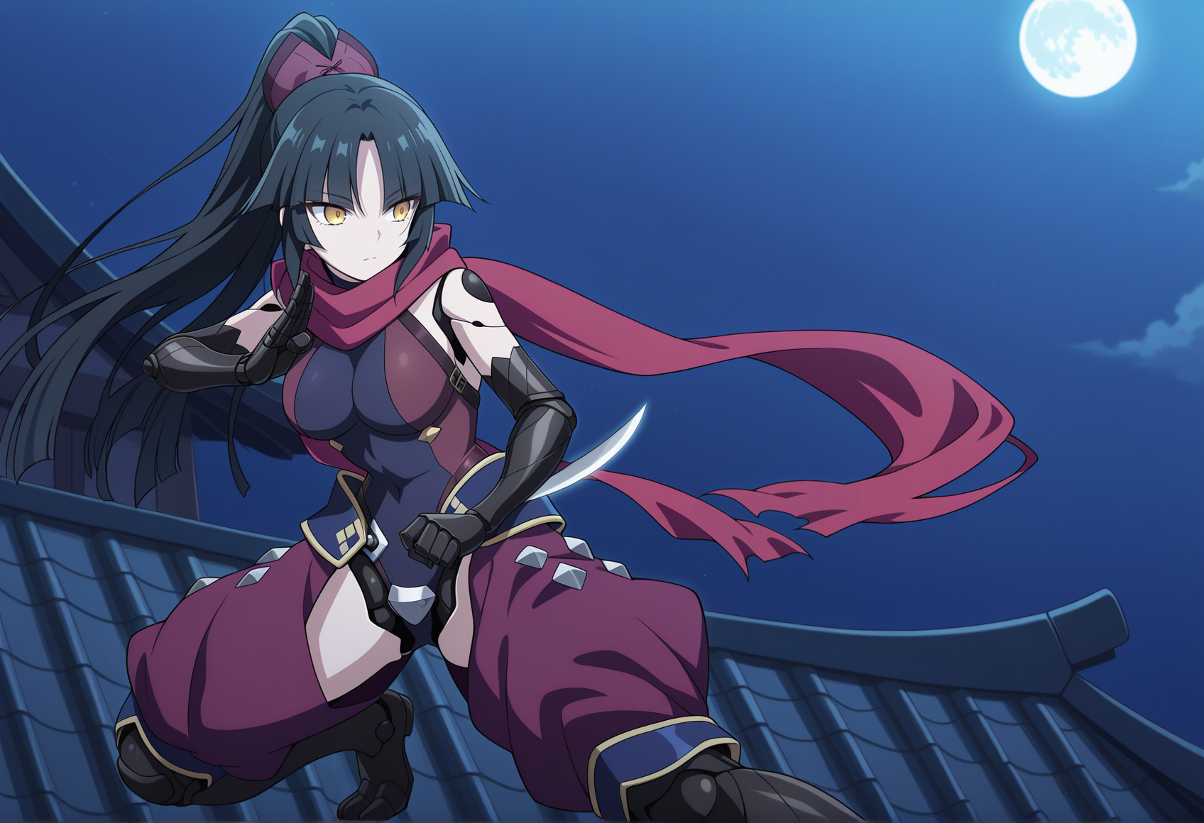 anime screenshot, anime screencap, anime coloring, arm blade, fighting stance, on rooftop, japanese castle, big moon, moonlight, night 1girl, black hair, long hair, hime cut, yellow eyes, robot joints, humanoid robot, mechanical arms, mechanical legs, scarf, leotard, bare shoulders, ponytail, ribbon, chaps <lora:kato_danzo:1>, masterpiece, best quality, amazing quality, very aesthetic, absurdres, highres, newest