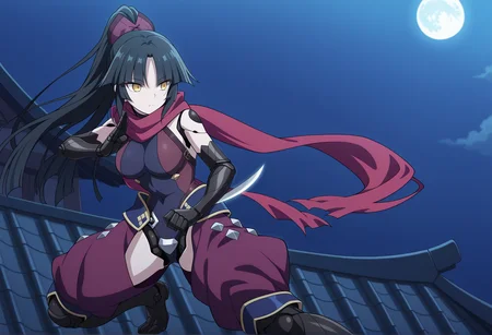 anime screenshot, anime screencap, anime coloring, arm blade, fighting stance, on rooftop, japanese castle, big moon, moonlight, night 1girl, black hair, long hair, hime cut, yellow eyes, robot joints, humanoid robot, mechanical arms, mechanical legs, scarf, leotard, bare shoulders, ponytail, ribbon, chaps <lora:kato_danzo:1>, masterpiece, best quality, amazing quality, very aesthetic, absurdres, highres, newest