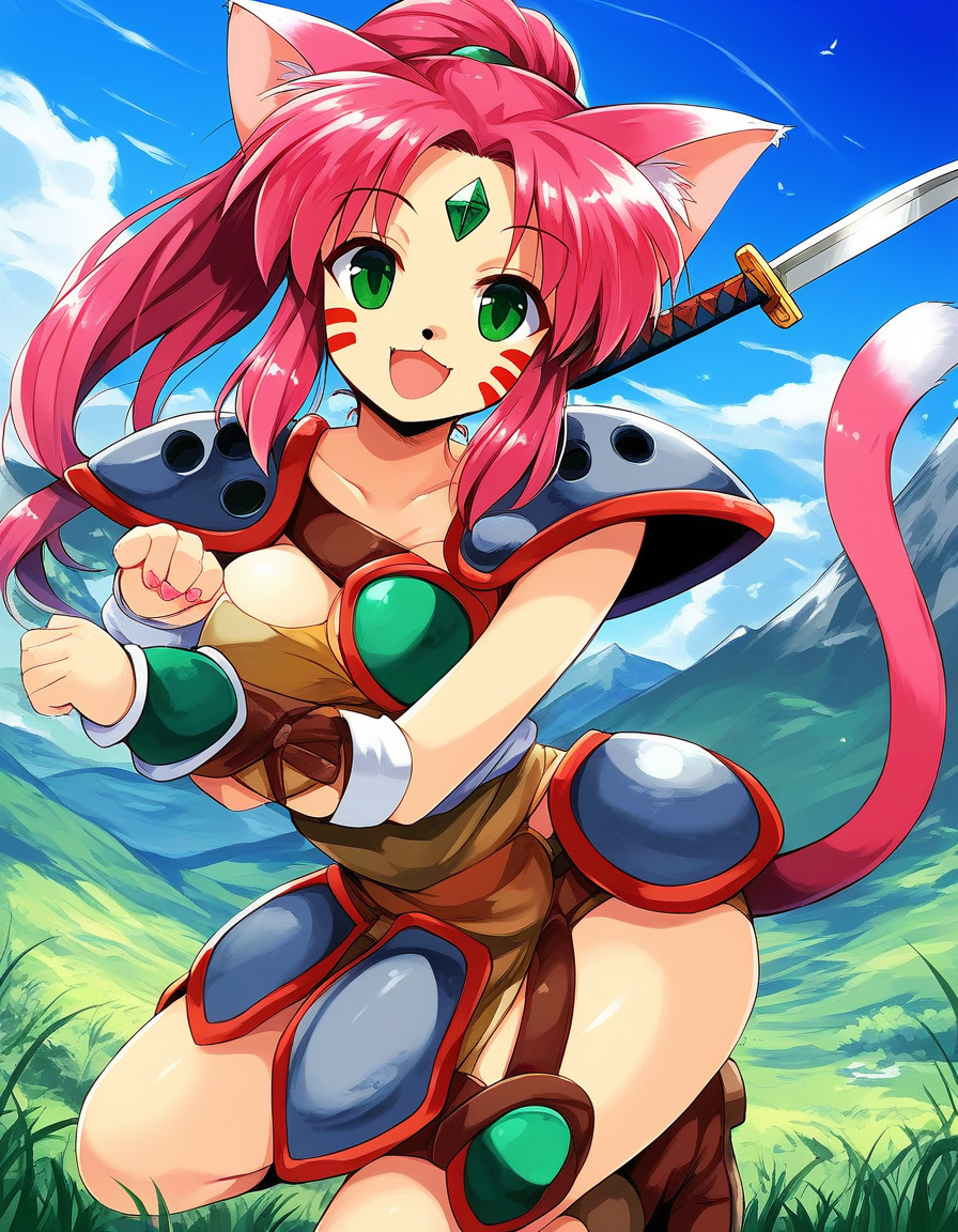 score_9, score_8_up, score_7_up, source_anime, rating_explicit, BREAK  <lora:Ryuquir_XL:1> Ryuquir, animal ears, tail, cat ears, facial mark, cat tail, green eyes, ponytail, red hair, long hair, pink hair, cat girl, breasts, forehead jewel, green jewel,
mountain, sky, smile, open mouth,
 shoulder armor, solo, weapon, armor,  furry,  grass, dagger, boots, looking at viewer, outdoors, fingernails,  shoulder pads,