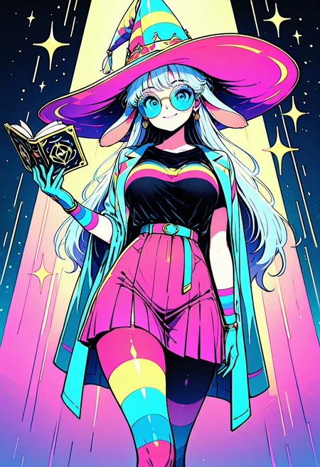 masterpiece, best quality, solo, curvy, beautiful eyes, narrow waist, wide hips, 1girl, solo, smile, looking at viewer, dynamic angle, foreshortening, close up,    t-shirt, tinted eyewear,  <lora:80sPopStyle_IXL_v1:1.0>,  [Dream Carnival Alchemist], asymmetrical coat, potion belt, crystal-embedded gloves, floppy wizard hat, striped tights, ruffled skirt, floating spellbook, colorful circus tent, levitating potions, starry stage,