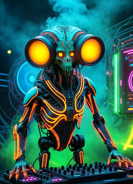 Ombre color scheme of neon orange, neon pink, neon blue, neon yellow, neon green, biomechanical cyberpunk psychedelic style cute weird (alien|penguin) creature DJing (at a rave:1.1) (giant speakers:1.2) (crowd distant background:1.15) (bokeh volumetric lighting, fog:1.1) <lora:fx-monsters:0.35> fx-monsters <lora:add-detail-xl:1> <lora:sss:0.8> <lora:xl_more_art-full_v1:0.35> <lora:The_Dark_Side_Of_The_Future:0.25> <lora:vibracol:0.5> vibracol, subsurface scattering, Photorealistic, Hyperrealistic, analog style, realistic, film photography, soft lighting, heavy shadow . vibrant colors, swirling patterns, abstract forms, surreal, trippy . cybernetics, human-machine fusion, dystopian, organic meets artificial, dark, intricate, highly detailed