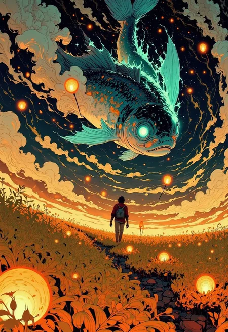 (Surreal dreamscape, floating elements, soft colors) – A barefoot wanderer steps through a vast, glowing field of golden grass, each blade swirling in the air as if weightless. A colossal celestial fish glides through the sky above, its fins dissolving into stardust, while small floating lanterns drift between the foreground and background, blurring the boundaries of reality.