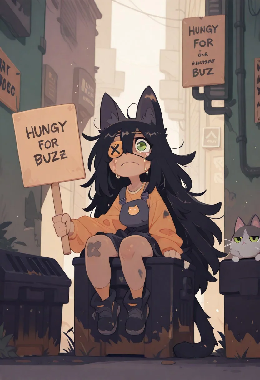 Woman. Demihuman cat. Black messy long hair. Green eyes. Eyepatch over left eye. Cat ears and tail. Dirty. Alleway background. Crying. Sitting in a dumpster. Old clothes. Alley background. (holding sign saying ("Hungry for BUZZ")