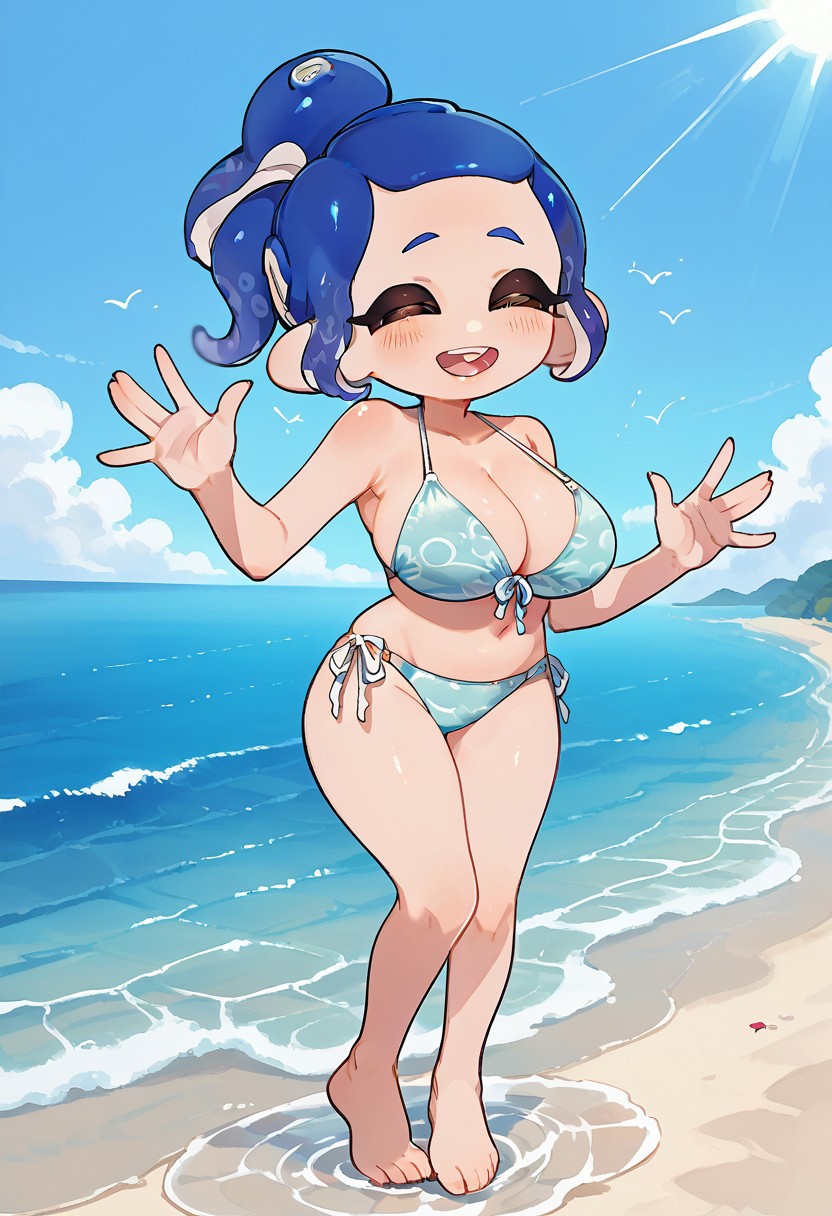 score_9, score_8_up, masterpiece, best quality, correct anatomy, detailed background, anime_source, 1girl, solo, alone, outdoors, beach,
1girl, octoling, blue hair, tentacle hair, ponytail, short ponytail, closed eyes, big breasts, thick hips, blue bikini, bare shoulders, barefoot, exposed arms, exposed belly, exposed legs, shortstack,
standing, happy smile, blush, open mouth, waving at viewer