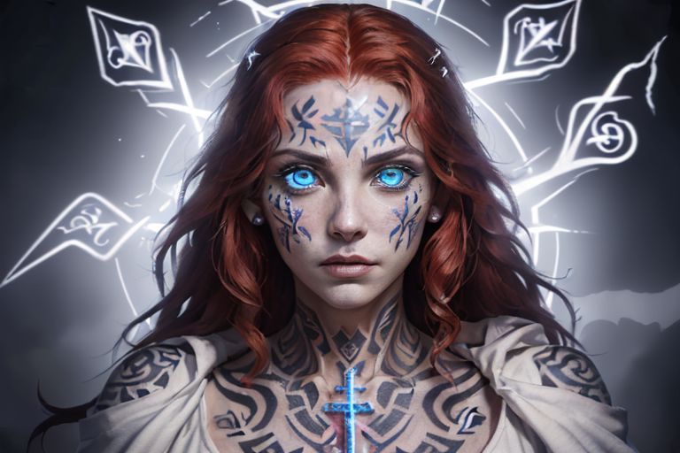 bright red hair, human female, (feminine:1.7), (beautiful face, detailed face:1.6), (beautiful eyes, detailed eyes:1.7), (looking at viewer, eye contact, intense:1.6), (long hair, red hair, curly hair:1.3), , ((masterpiece, best quality, high resolution, realistic, best quality,)), photo realistic, Perfect Face, (detailed face). <lora:GoodHands-vanilla:0.6> <lora:add-detail-xl:0.8>, mage, (Dress White military uniform coat), dagger, rune dagger, glowing runes, , (((glowing magic symbols tattoos, religious tattoos))), ((face tattoos)), glowing tattoos, stone tower in the background
