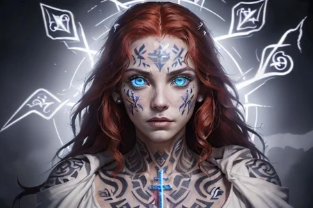 bright red hair, human female, (feminine:1.7), (beautiful face, detailed face:1.6), (beautiful eyes, detailed eyes:1.7), (looking at viewer, eye contact, intense:1.6), (long hair, red hair, curly hair:1.3), , ((masterpiece, best quality, high resolution, realistic, best quality,)), photo realistic, Perfect Face, (detailed face). <lora:GoodHands-vanilla:0.6> <lora:add-detail-xl:0.8>, mage, (Dress White military uniform coat), dagger, rune dagger, glowing runes, , (((glowing magic symbols tattoos, religious tattoos))), ((face tattoos)), glowing tattoos, stone tower in the background
