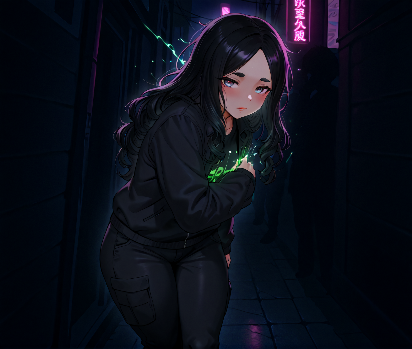 PonyScores7, source_anime, ah1, IllustriousQual, Mdastarou, <lora:natsumi_style:0.5>, <lora:by_usakun-pony:0.4> by usakun, <lora:Akina_Bbw_Style_-_PonyXL:0.2> AkinBw
BREAK (zoom_out:1.8), (Eye-level angle (from side) view medium, focus on legs)
BREAK 1girl, mature female, (round face:1.2), (thick eyebrows:1.3), (curvy), round-chin, caucasian, (plump face), <lora:Round_face:0.2>, <lora:ETO_OCPonyXL:0.3> eto_oc, skindentation, (plump), thick thighs, wide hips, busty, voluptuous, lips, <lora:venus body PonyXL:0.3>, <lora:shinyskin2:0.2> glistening skin
BREAK  (((curly hair), long hair, (black hair:1.4), (parted hair:1.7), messy hair, kinky curls, <lora:hairdetailpxl:0.2> hairdetailpxl))
BREAK ((half green and brown eyes), (colorful eyes), (multicolored eyes), (downturned eyes:1.4), <lora:expressive eyes:0.2> expressive eyes, <lora:eyedetailpxl:0.2> eyedetailpxl, <lora:Eyes_High_Definition:0.2> EyesHD)
BREAK ((whining in frustration,  <lora:Expressive_H:0.2> Expressiveh, <lora:Emotional_Anime_Expressions_PonyXL_Concept:0.2> emotional, <lora:Best_Facial_Expression_LoRA_PONY:0.2>, looking at viewer, <lora:Detailed expressive EXEV style -XL Pony V1.0:0.2> FaceDetail))
BREAK ((A series of crackling, blue sparks danced along the man's outstretched hand, forming a web of electricity that arced and snapped with a sharp, buzzing sound))
BREAK zeus chiffon Denim jacket, Cargo pants
BREAK (((vibrant city streets, with neon lights, diverse crowd, and an electric energy)))
BREAK <lora:xl_more_art-full_v1:0.2>, <lora:aesthetic_anime_v1s:0.2>, <lora:EpicF4nta5yXL:0.2>, <lora:detailxl:0.2> detailxl, <lora:Fant5yP0ny:0.2>, best quality, amazing quality, best aesthetic, absurdres, illustration, Volumetric_Lighting, ultra-detailed, very aesthetic, intricate details, 8k, masterpiece, best_quality
BREAK Stable_Yogis_PDXL_Positives, AS-Adult, <lora:Complicated fantasy portrait - XL Pony V2.0:0.2>, bad-hands-5, <lora:HDA_Detailer:0.3>, HDA_FatGirlXL