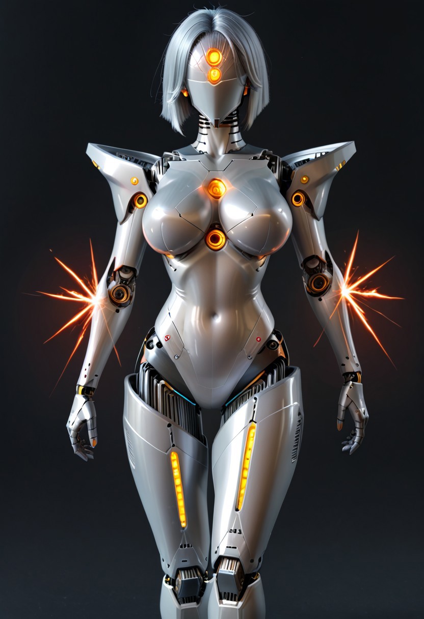 A 35mm photo of a beautiful broken robotic woman, she has a faceless robotic head, robot, silver hair, smooth dark grey metallic featureless feminine body, sparks coming from her broken knee, curvy 
no face