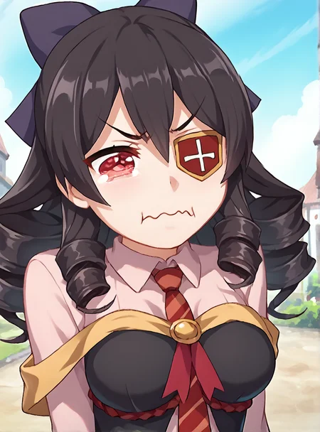 score_9, score_8_up, score_7_up, score_6_up, score_5_up, score_4_up, source_anime, anime screencap, <lora:ArueKonosuba:0.8>aruekonosuba, 1girl, solo, eyepatch, red eyes, breasts, necktie,, long hair, bow, black hair, drill hair, virgin, <lora:concept_aquacrying_ponyXL:1>aquacrying, wavy mouth, tears, tearing up, closed mouth, pout