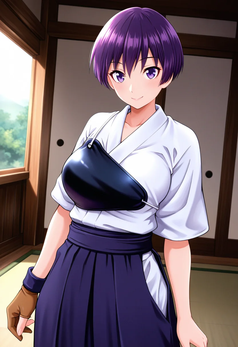masterpiece, best quality, amazing quality, 1girl, solo, cowboy shot, satomiww, tomboy, purple eyes, purple hair, short hair, large breasts, japanese clothes, dougi, muneate, yugake, single glove, partially fingerless gloves, hakama, looking at viewer, smile, indoors, day, skindentation, detailed clothing folds, depth of field, sharp, high contrast, dynamic light <lora:Manabe_Satomi_Hajirai_Body_v24:0.9>