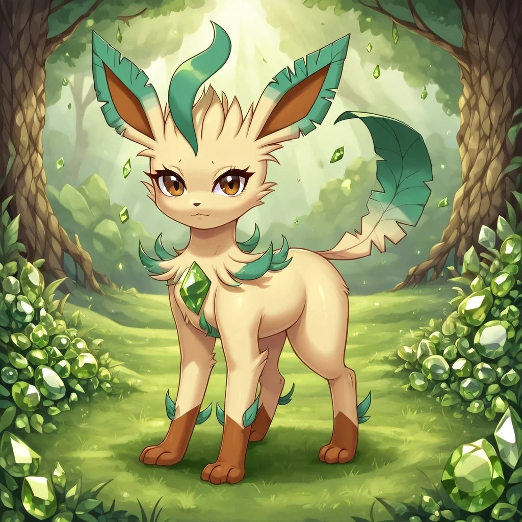 In a gemstone field,outside,hud_per1d0t_wrld, green gemstone, crystal, gem, Brown Eyes,shiny,Leafeon_(Pokemon), body made out of crystals,Light Yellow Fu,rBrown Tipped Hands,solo,female1,look at the viewers,beautiful detail,masterpiece,high-quality,
