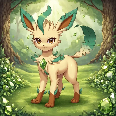 In a gemstone field,outside,hud_per1d0t_wrld, green gemstone, crystal, gem, Brown Eyes,shiny,Leafeon_(Pokemon), body made out of crystals,Light Yellow Fu,rBrown Tipped Hands,solo,female1,look at the viewers,beautiful detail,masterpiece,high-quality,