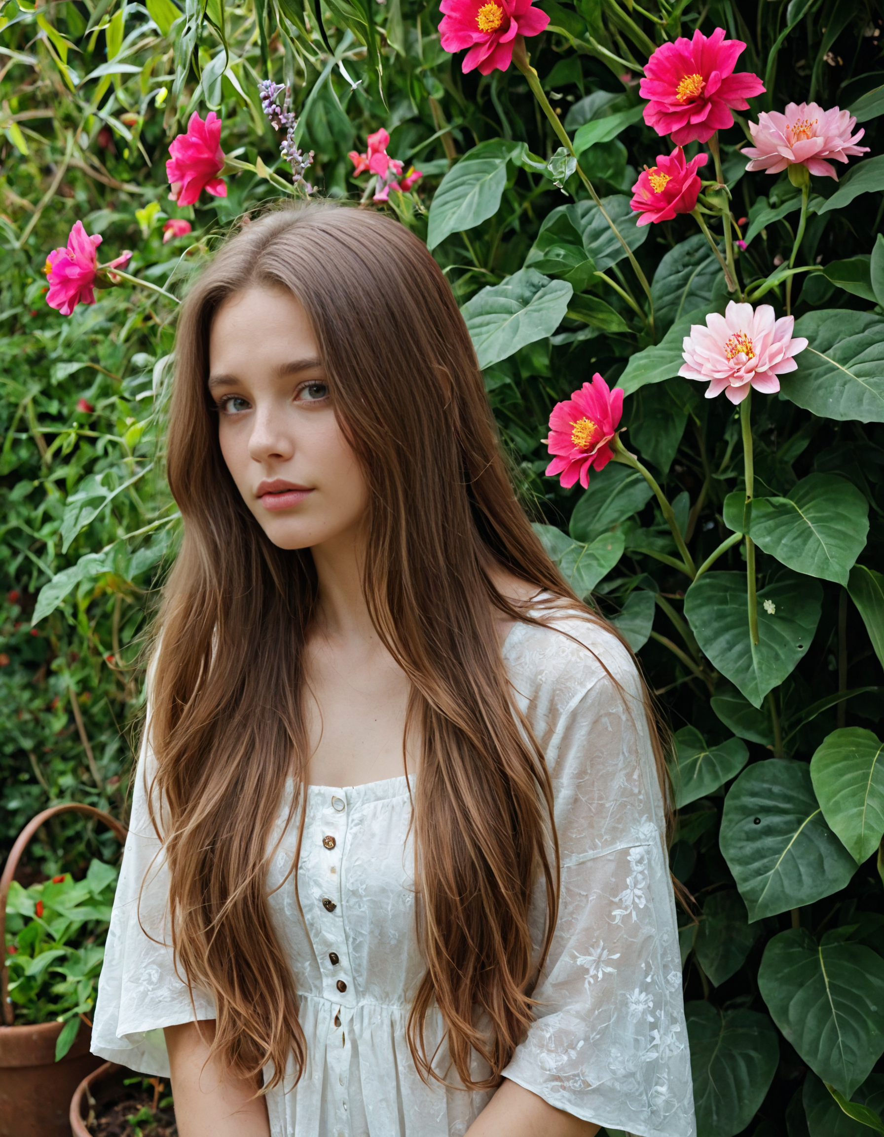 solo, 1girl, long hair, plant, flower