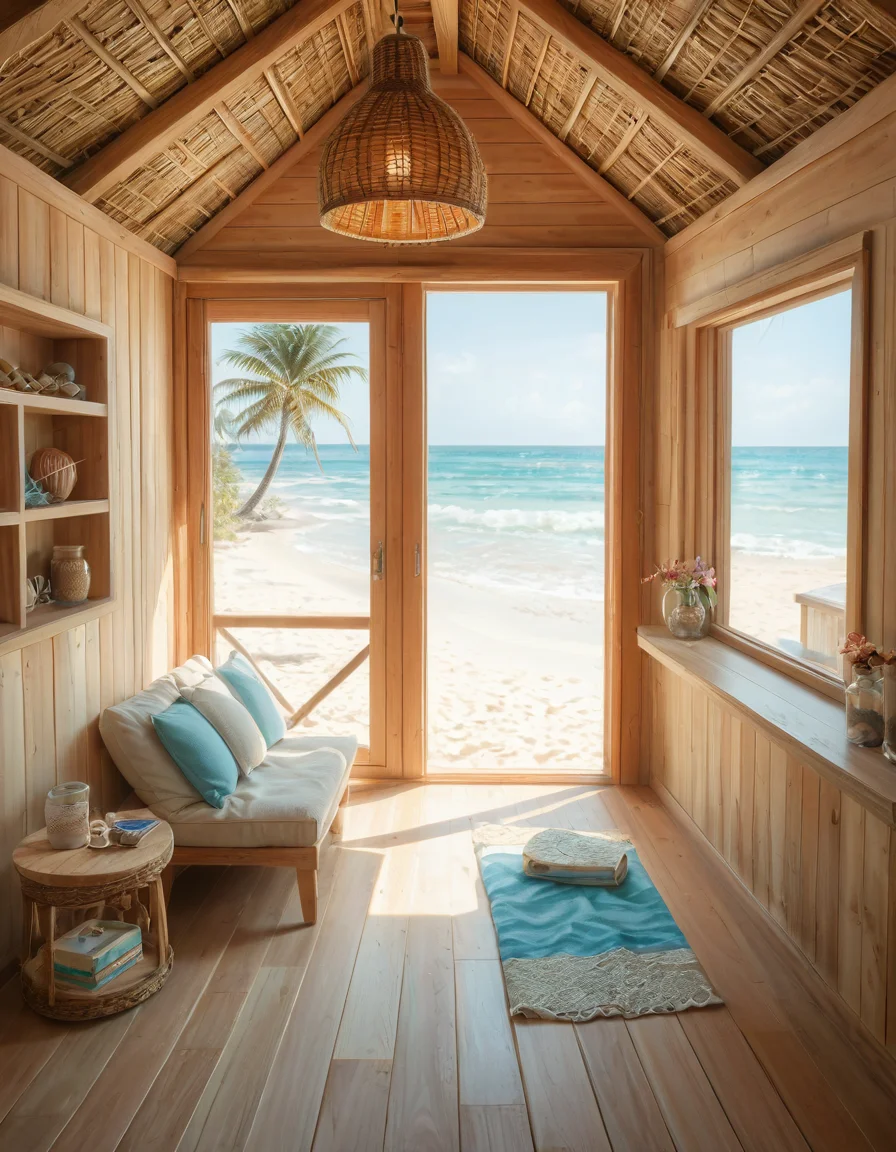 rating_safe,looking at viewer,focus on woman face,A woman wearing a sleek and modern diving swimsuit with dress, primarily designed in a combination of navy blue and turquoise tones with subtle black accents, is standing gracefully inside a cozy and charming beach hut,c0zy b34ch hut; the hut, made of light-colored wooden planks with a weathered, rustic finish, is warmly lit by natural sunlight streaming through its open windows and doorway, creating a relaxed and serene atmosphere. The woman, who appears confident and at ease, has slightly wet, wavy chestnut-brown hair that falls softly to her shoulders, subtly catching the light; her posture is upright yet casual, with one hand resting gently on the edge of the wooden frame of the hutâs doorway, while her other hand is placed lightly on her hip. The interior of the beach hut is adorned with small, homey details such as a straw mat on the wooden floor, a few neatly folded towels in pastel shades stacked in the corner, and a hanging seashell wind chime swaying gently in the breeze; through the open doorway, thereâs a faint glimpse of the golden sand and turquoise ocean waves in the background, adding to the tranquil coastal ambiance of the scene.<lora:SDXLFaeTastic2400:0.4> <lora:extremely_detailed:0.4> extremely detailed, <lora:c0zy_b34ch_hut:1>, Masterpiece,best quality,hi res,8k,hi res,8k,award winning,(sharp focus, intricate, highly detailed),