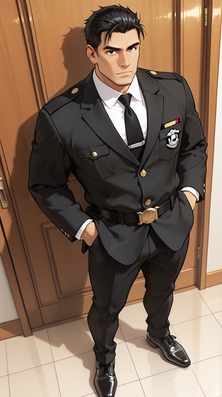 1boy, male, male only, male, male focus, handsome male, adult, single, black eyes, no beard
Masterpiece, best quality, amazing quality, very beautiful, high resolution, super fine, ridiculous, latest, most detailed, male, male focus, single, adult, mature male, secret service, secret service uniform, tall and strong, black tie, black shoes, office background, standing, majestic pose, full body
Very outstanding, masterpiece, best quality, ridiculous, latest, perfect quality, detailed background, complex details, dynamic angle, dynamic pose
<lora:add-detail-xl:0.7>
<lora:NAI_QualityV1.1:0.3>
<lora:Control_LoRA_Collectioncfg_scale_boost:0.2>
<lora:-Konohanaya:0.4>
 <lora:Kyogoku_Makoto__Delegated_Roles:0.8>