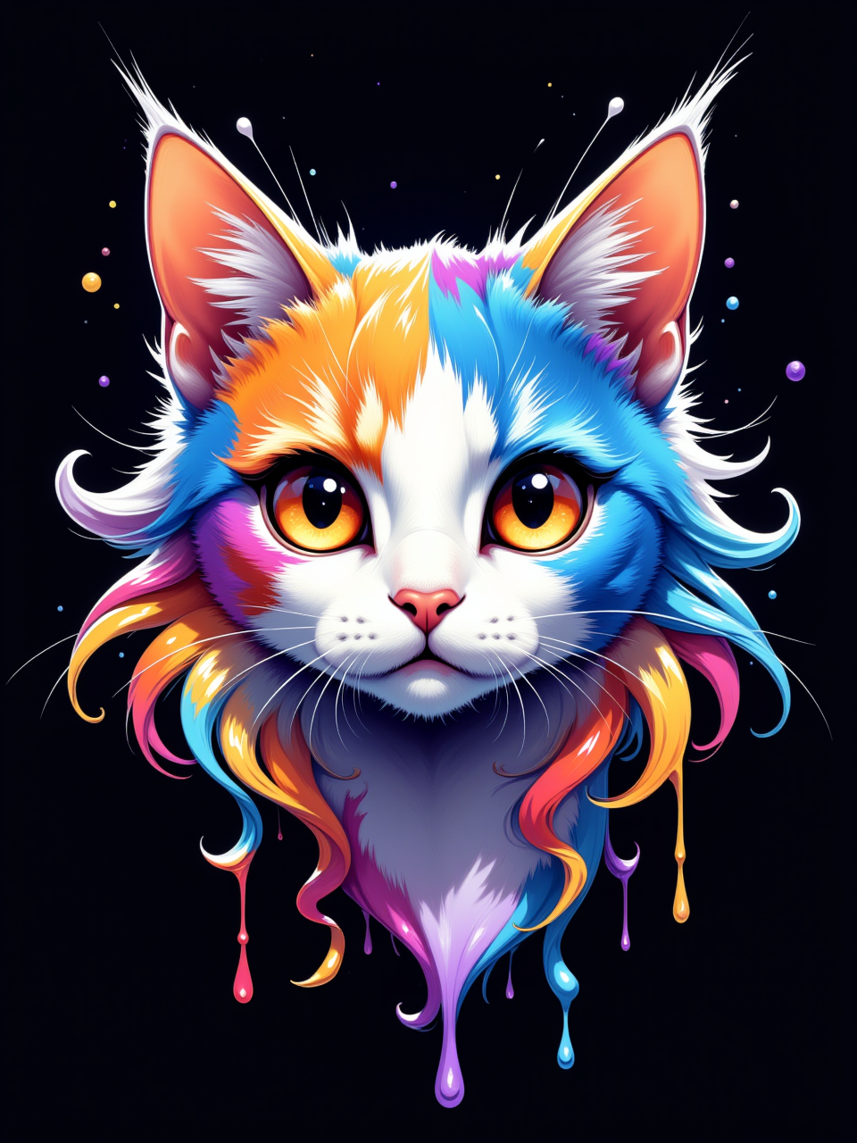 A vibrant, hyperrealistic portrait of a cat's face, centered against a deep black background. The cat features a mix of vivid colors, including blues, purples, yellows, and reds, creating a rainbow effect around its head. The expressive orange eyes are captivating, surrounded by flowing splashes of paint that resemble a dynamic explosion of color. The fur is meticulously detailed, showcasing a blend of white and colorful strands, while energetic drips and swirls of paint extend outward from the cat's face, giving a sense of movement and creativity. The overall aesthetic combines elements of contemporary art with surrealism, emphasizing bold colors and dynamic forms. vintage speedpaint, retro 1950s scifi digital painting, cel-shaded anime style, aidmaMJ6.1, <lora:aidmaMJ6.1:0.6>  <lora:73a_flux:0.8>  <lora:vintage_speedpaint2_flux:0.4>  <lora:BioIceCrystalsFlux:0.5>