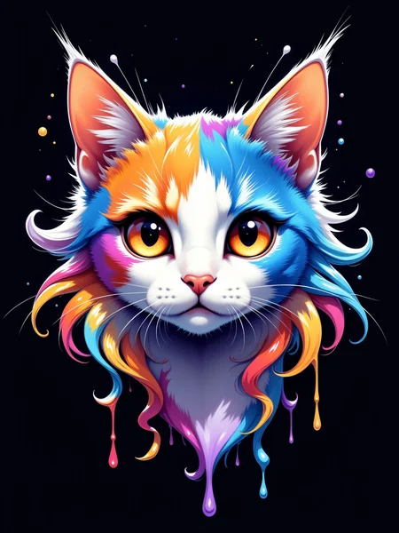 A vibrant, hyperrealistic portrait of a cat's face, centered against a deep black background. The cat features a mix of vivid colors, including blues, purples, yellows, and reds, creating a rainbow effect around its head. The expressive orange eyes are captivating, surrounded by flowing splashes of paint that resemble a dynamic explosion of color. The fur is meticulously detailed, showcasing a blend of white and colorful strands, while energetic drips and swirls of paint extend outward from the cat's face, giving a sense of movement and creativity. The overall aesthetic combines elements of contemporary art with surrealism, emphasizing bold colors and dynamic forms. vintage speedpaint, retro 1950s scifi digital painting, cel-shaded anime style, aidmaMJ6.1, <lora:aidmaMJ6.1:0.6>  <lora:73a_flux:0.8>  <lora:vintage_speedpaint2_flux:0.4>  <lora:BioIceCrystalsFlux:0.5>