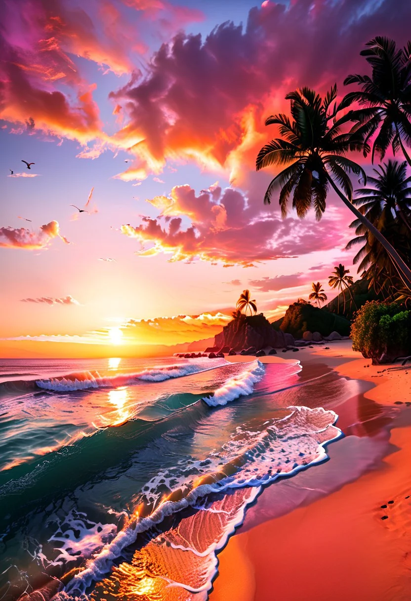 Create an ultra-high resolution, hyper-detailed, and realistic 8k photo of a tropical beach at sunset. The golden hour casts a warm glow over the scene, with palm trees silhouetted against the vibrant orange and pink hues in the sky. Soft waves lap at the shore, creating a tranquil atmosphere. Use soft lighting to enhance the natural beauty of the beach.