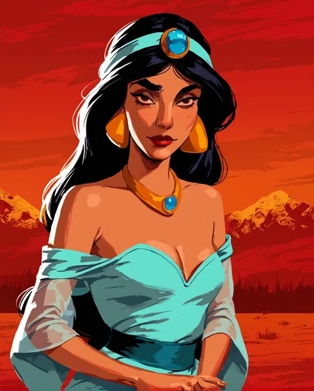 rdr, red landscape background, red clouds, jasmine, 1girl, black hair, dark-skinned female, solo, long hair, jewelry, earrings, makeup, lipstick, necklace, bare shoulders <lora:fallen_ai_PONY_RED_DEAD_REDEMPTION_style:1> <lora:jasmine:0.8>, zPDXL, score_8_up, score_7_up, score_6_up, score_9, illustration