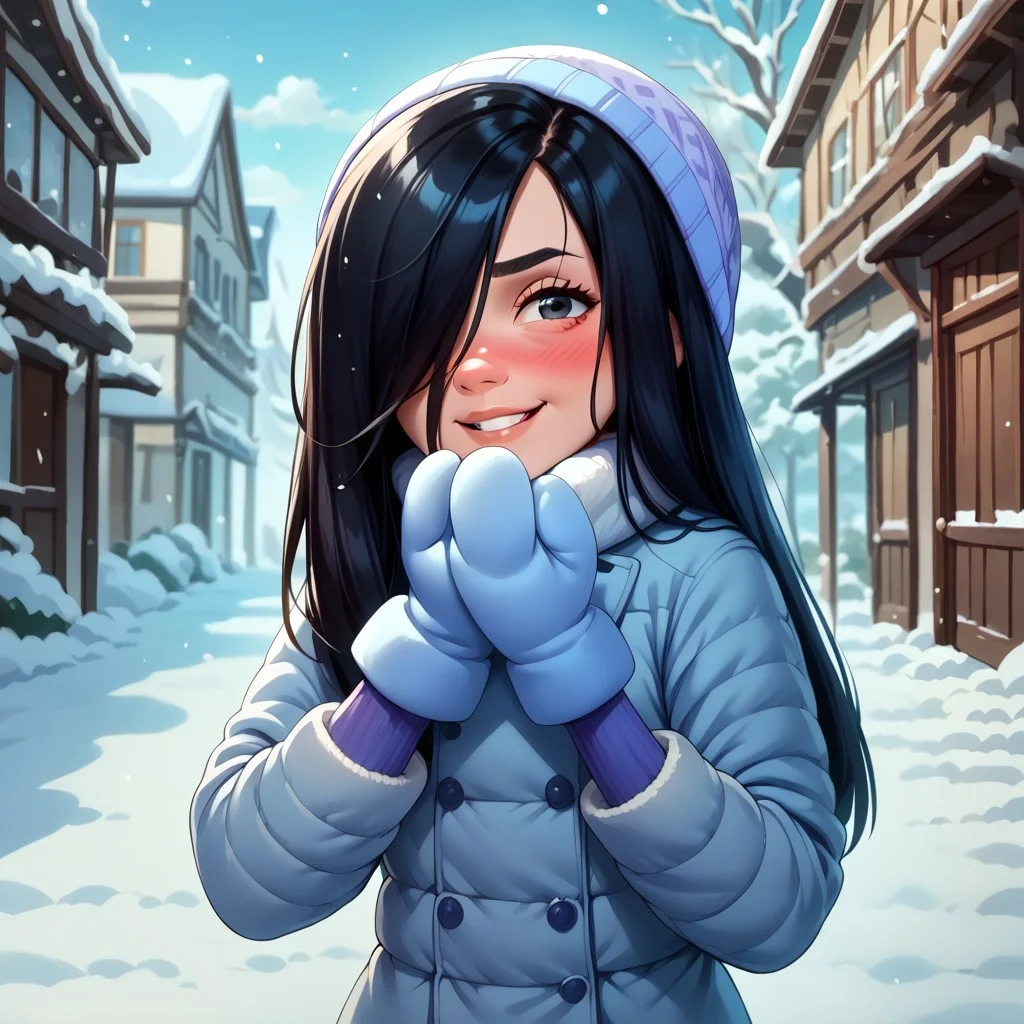 score_9, score_8_up, score_7_up, score_6_up, score_5_up, score_4_up, 1girl, VioletParr, long hair , hair covering one eye, black hair, blushing, , standing, light smile, snow clothes, winter clothes, snow , mittens, half close eyes, blowing kiss, k1ss3s