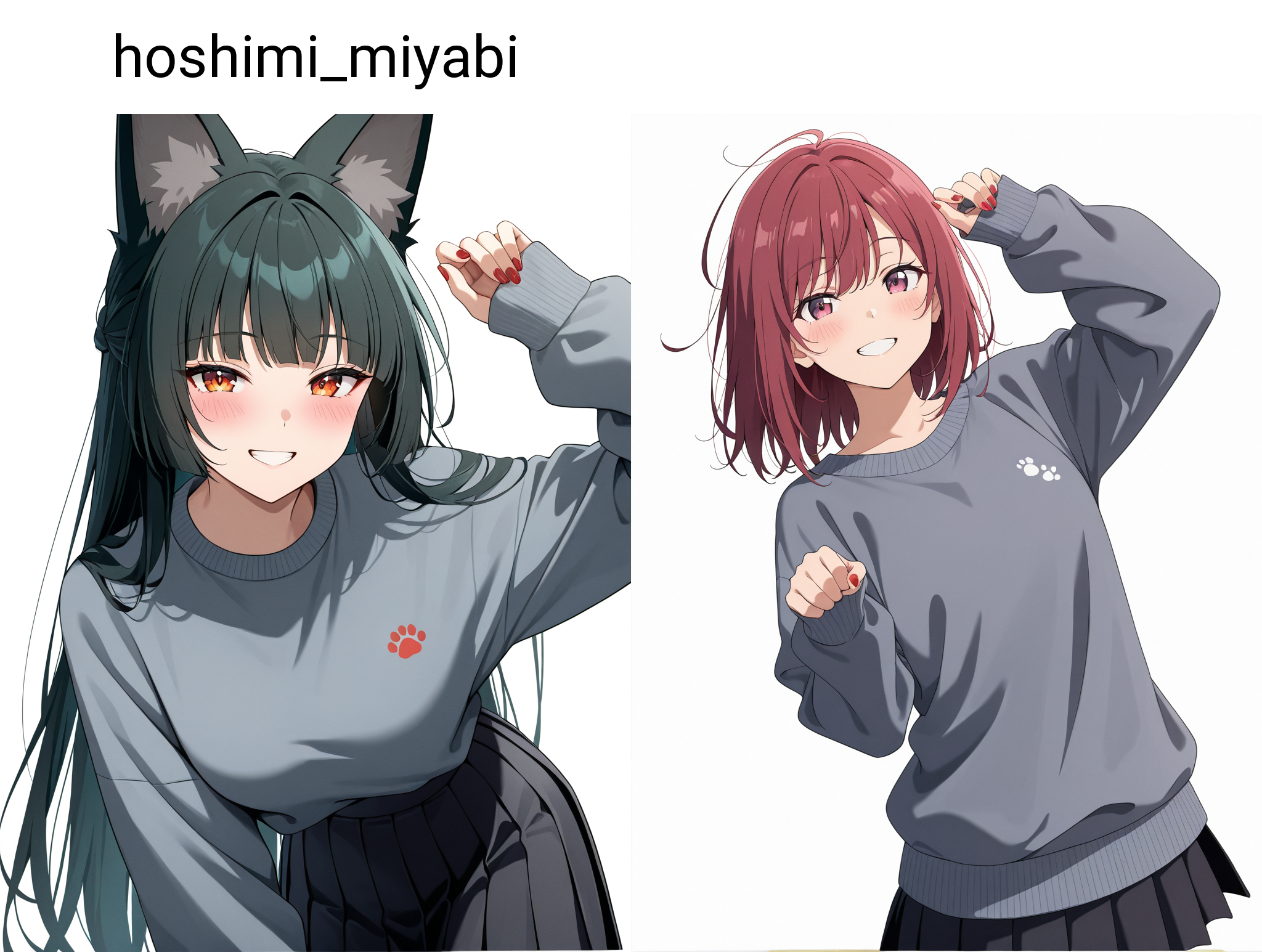 hoshimi_miyabi,1girl,  black shirt, black skirt, blush, casual, fingernails, grey sweater, grin, holding, long sleeves, pleated skirt, red nails, shirt, simple background, skirt, sleeves past wrists, smile, solo, sweater,white background,paw_pose,  <lora:hoshimi_miyabi-wildcard-ill2.0-t0:1>, (masterpiece), (best quality), (ultra-detailed), very aesthetic, illustration, disheveled hair, perfect composition, moist skin, intricate details, anime artwork, anime style, vibrant, studio anime, highly detailed