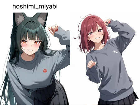 hoshimi_miyabi,1girl, black shirt, black skirt, blush, casual, fingernails, grey sweater, grin, holding, long sleeves, pleated skirt, red nails, shirt, simple background, skirt, sleeves past wrists, smile, solo, sweater,white background,paw_pose, <lora:hoshimi_miyabi-wildcard-ill2.0-t0:1>, (masterpiece), (best quality), (ultra-detailed), very aesthetic, illustration, disheveled hair, perfect composition, moist skin, intricate details, anime artwork, anime style, vibrant, studio anime, highly detailed