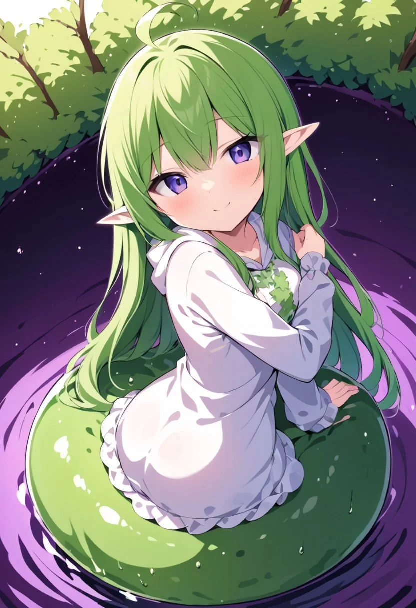 (masterpiece), (score_9, score_8_up, score_7_up,source_anime), 4K8K, best quality, high res image, illustration, Uncorrected, CG,
(girl view from above. look-doen angle:1.3), from behind,
1 elf woman sitting on a giant white grape slime, pretty white slime, (lot of white grape cubes around woman), (hair over breasts, long hair, hair censor:1.4), twinkle grape cube,
slime, slime like a grape, grape slime, see-through violet slime,
BREAK
small breasts, elf ears,
(gradient hair, green hair, very long hair, Bangs covered eyes, ahoge, hair over breasts, hair censor),
(hair blind eyes, half opened eyes, jitome, smile),
wearing hooded robe, linen dress, culottes, denim short culottes,
in orchard, fruit orchard, fruits trees,