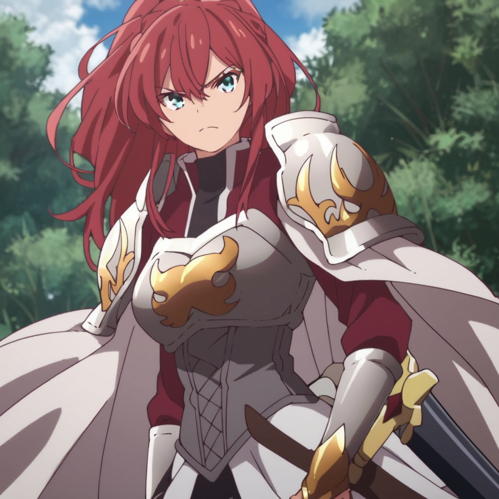 score_9, score_8_up, score_7_up, score_6_up, score_5_up, score_4_up, source_anime, , Jerietta, knight, red hair, serious, battle stance, sword