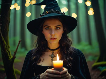 this Technicolor filmstill was shot with a 35mm Arriflex camera and an Angenieux 25-250mm f/3.2 lens. it shows a breathtakingly cute 25-year-old witch immersed in a mystical ambiance at night. She exudes dark power and allure while holding a candle in a medieval forest. The witch captivates with her mesmerizing eyes and irresistible aura, creating a scene brimming with enchantment and mystery.