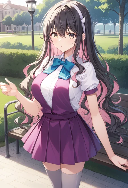 1girl, solo, park, <lora:KC_01DD_naganami_pony-000016:1> naganami2kc, multicolored hair, black hair, pink hair, colored inner hair, white headband, wavy hair, very long hair, bangs, hair between eyes, purple eyes, yellow eyes, gradient eyes, large breasts, naganamisummerkc, purple vest, halterneck, cleavage cutout, white shirt, short sleeves, blue bowtie, purple skirt, pleated dress, grey thighhighs, boots,, score_9,score_8_up, score_7_up, source_anime, masterpiece, best quality, official art, official style, game cg, megami magazine, rating_safe, rating_questionable, <lora:Fixhands_anime_bdsqlsz_V1:0.75>, NEGATIVE_HANDS