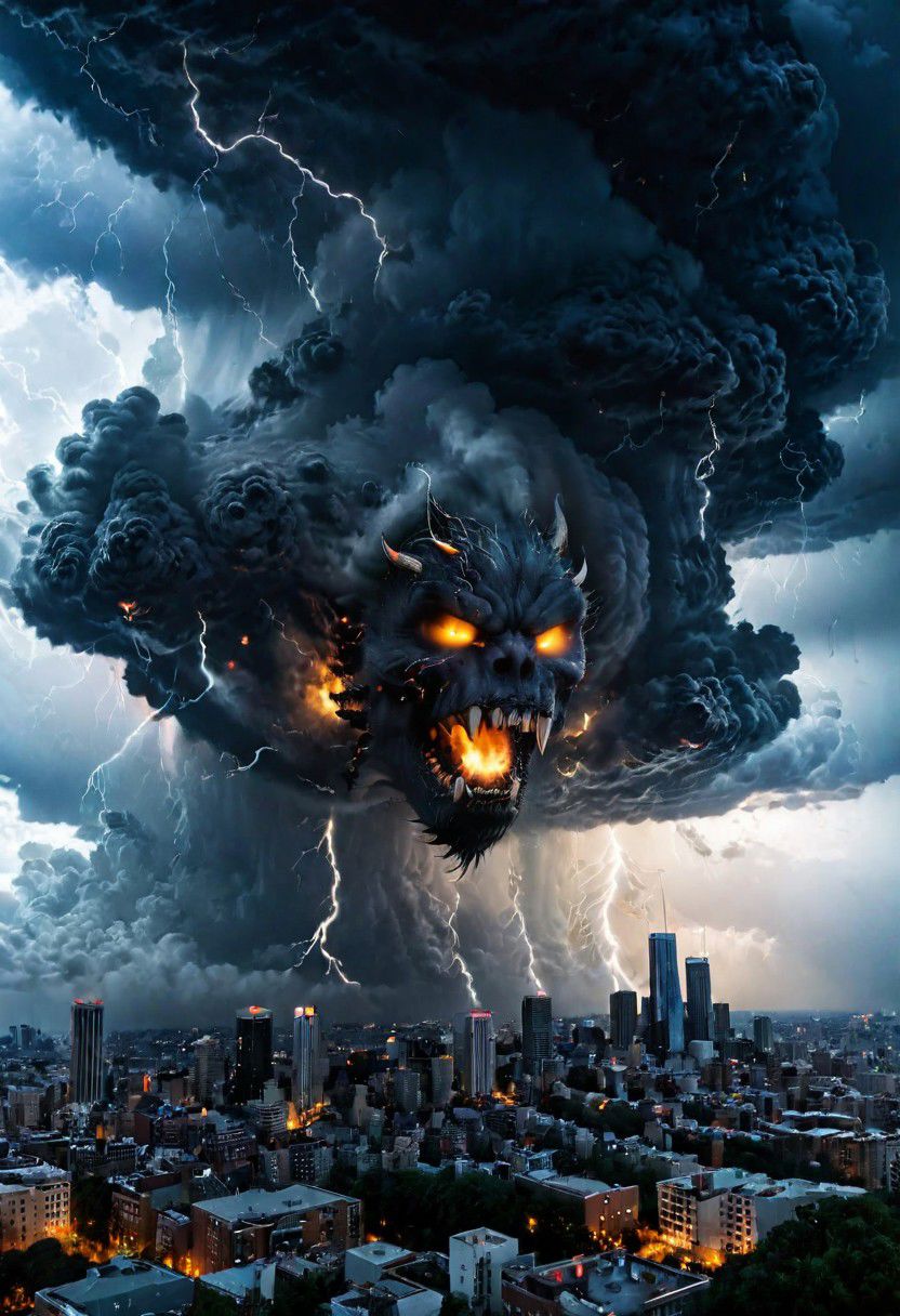 black clouds, rain, lightening, dark, night, ( beast appears from the rolling cloud), The beasts looks down as he towers above the city below,  DEVIL SPAWN