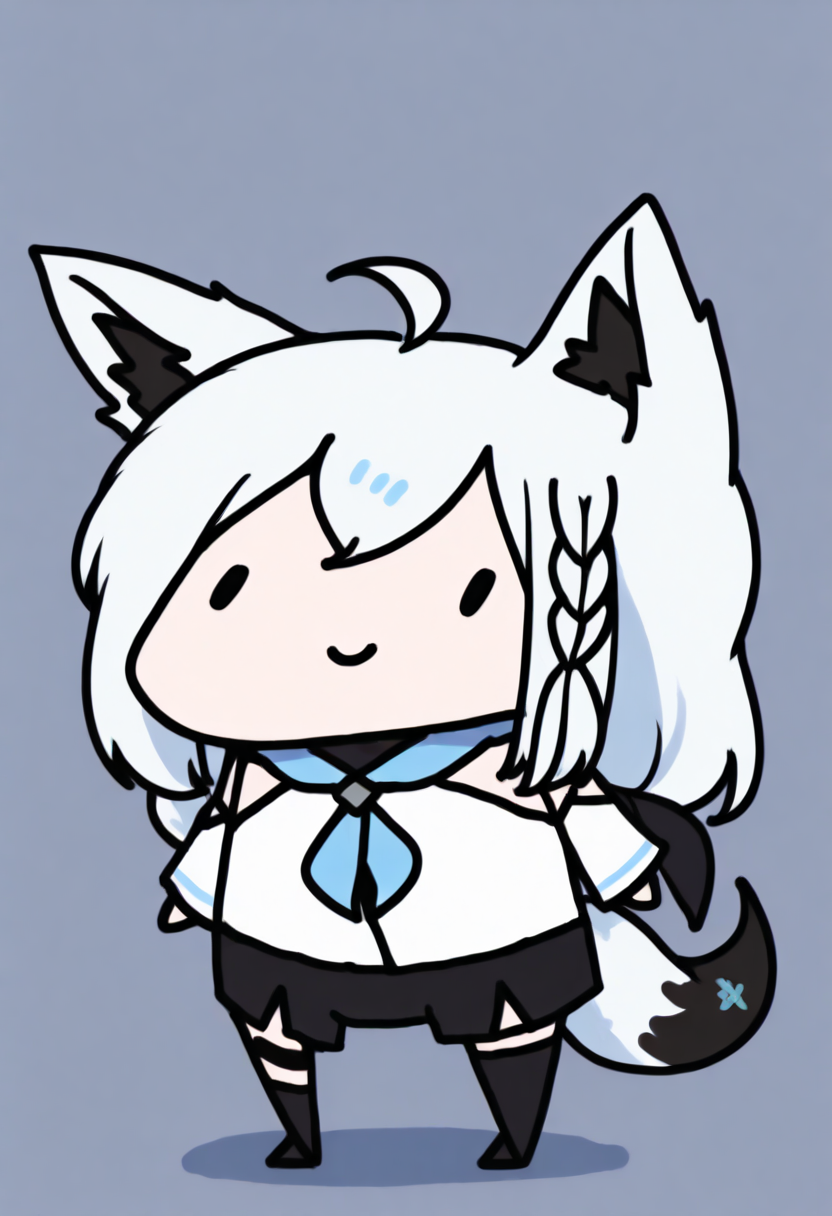 masterpiece, best quality, 1girl, solo, chibi, dot eyes, fbk_base, white blouse, detached sleeves, black shorts, blue neckerchief, thigh strap, single thighhigh, side braid, ahoge, fox tail, smile <lora:style_walfie_illustriousXL:1.4> <lora:fubuki_illustrious:1>