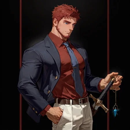 <lora:Logi_Alchemist_Code-000003:.5> tagatamelogi, blazer, red collared shirt, tie, belt, pants, sword, 1boy, mature male, red middle hair, blue eyes
(very short hair, beard, bara, mature, facial hair, stubble, beard, full beard, sideburn, beard, a lot of beard, ), facial hair,male focus, muscular male, muscular male, bara, mature,  bara, mature, aixiwuganda_(20222192), very awa, masterpiece, best quality, absurdres, newest, perfect quality, detailed background, intricate details,
<lora:slider_Body Type_alpha1.0_rank4_noxattn_last:3><lora:Anime Summer Days 2 Style SDXL_LoRA_Pony Diffusion V6 XL:.6><lora:slider_cfg_scale_boost:.7><lora:Artist6p:.55>, Artist6p, Artist04p,<lora:slider_il_brightness_slider_d1:-1><lora:slider_il_contrast_slider_d1:-1><lora:slider_DarkSlider1.2_alpha1.0_rank16_full_300steps:-.6>