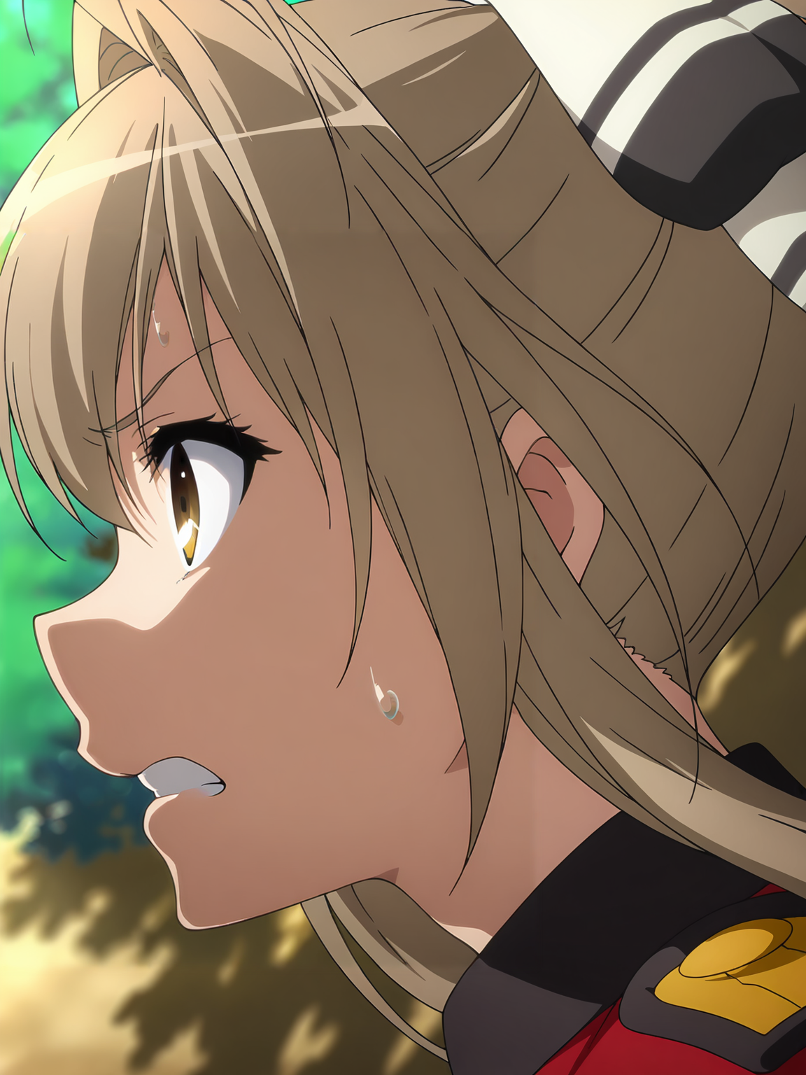 <lora:Isuzu_Sento:0.8>, sento isuzu, 1girl, solo, brown eyes, long brown hair, ponytail, hair ribbon, military uniform, red jacket, epaulettes, worried, angry, frown, sweatdrop, clenched teeth, running, dynamic pose, from side, profile, close-up, looking ahead, outdoors, tree, brown wall, sunlight, sunbeam, blurry background