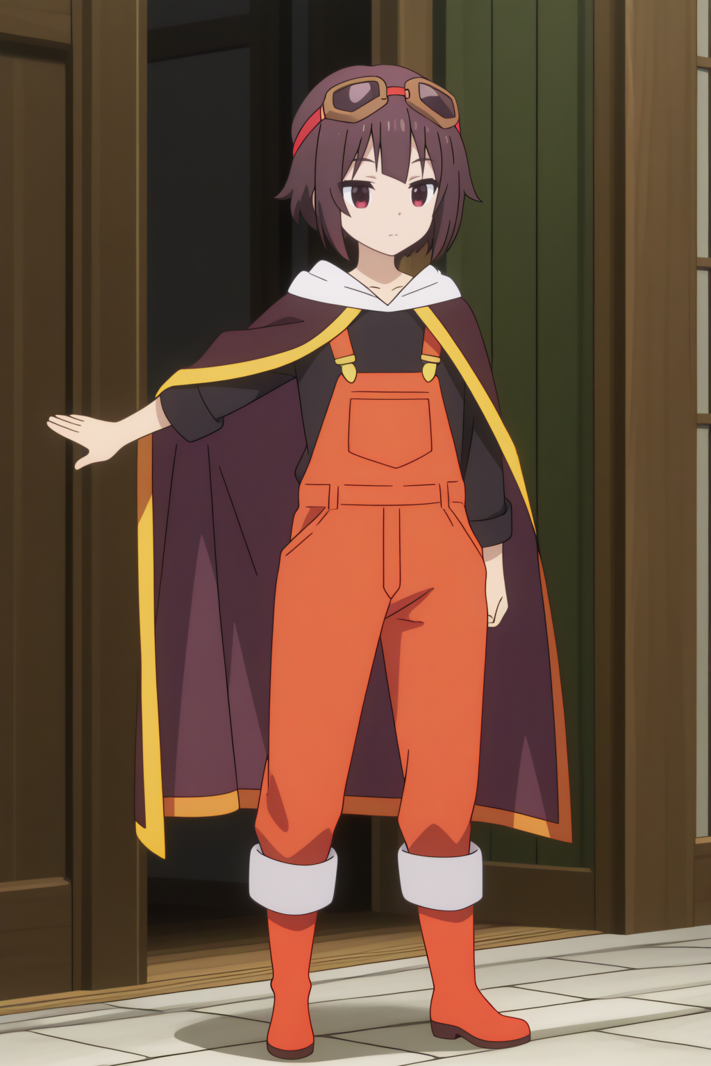 full body,  Megumin, boots, cape, goggles on head, overalls, pants, short hair   <lora:Konosuba_Bakuen_-_Megumin_-_illustrious:0.8>