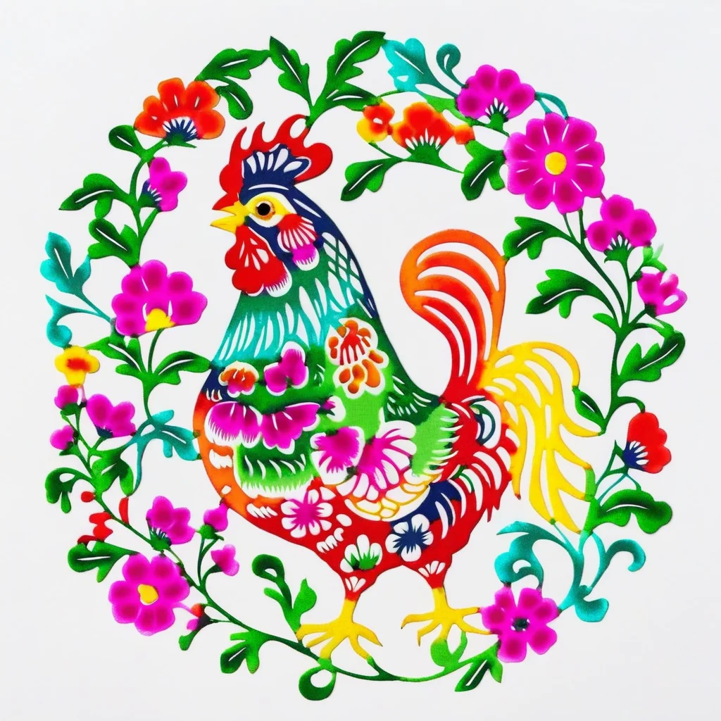 an image of colorful chicken,flowers, solid white background,SP_CN_PPC,paper cutting,two feet <lora:0204_paper_cutting-checkpoint-5000:1.0>
