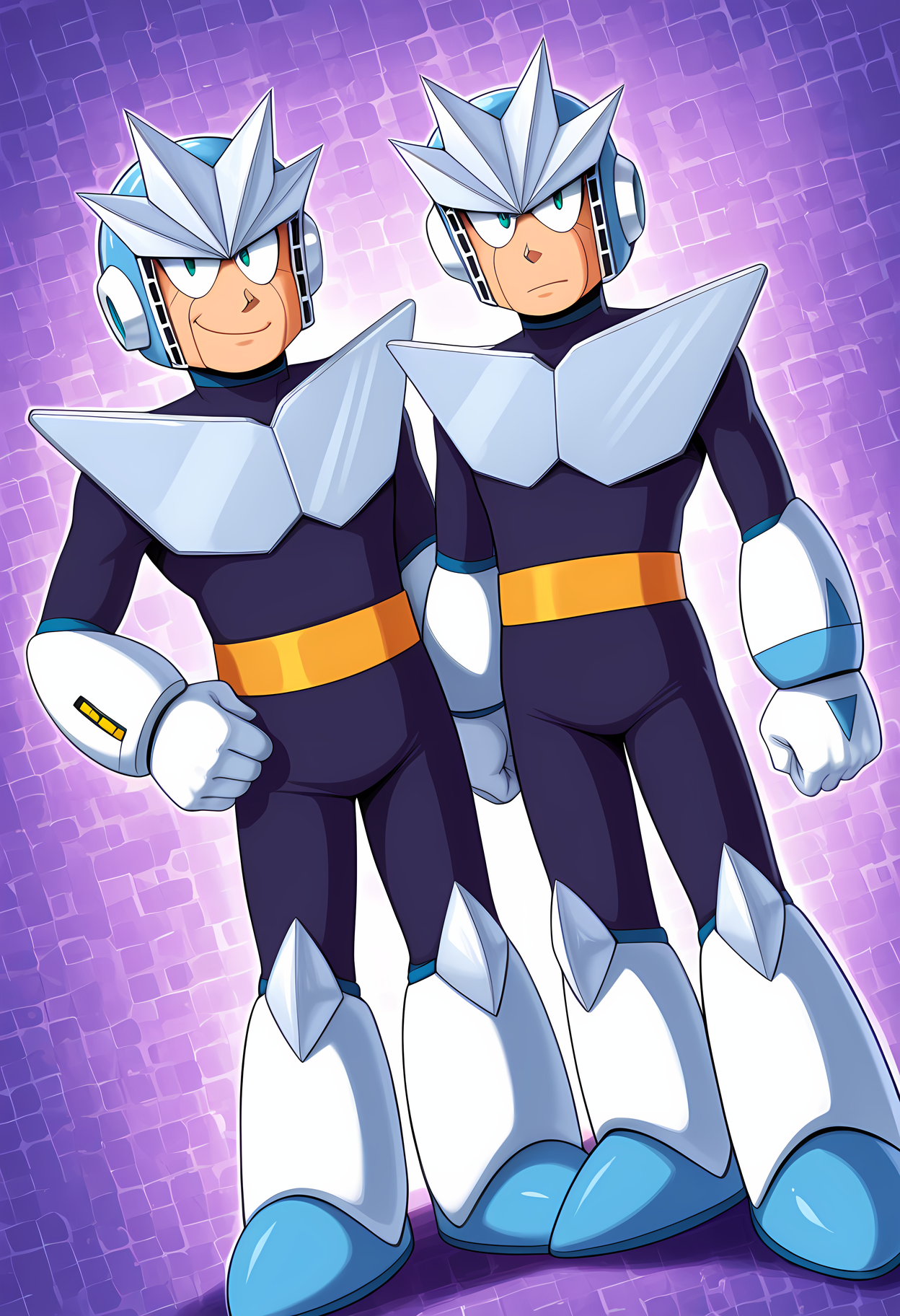 masterpiece, best quality, amazing quality, dutch angle, abstract background, BREAK
2boys, twins, male focus, mm3_gemini, helmet, android, robot, BREAK
<lora:cfg_scale_boost:.6>  <lora:Gemini_Man_-_Mega_Man_3_-_ILXL:1>