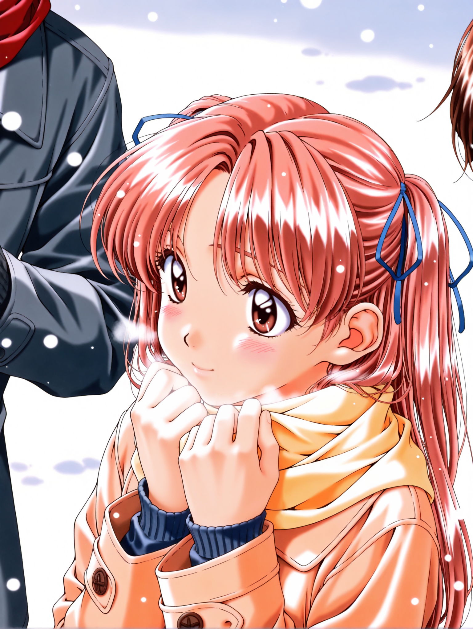 masterpiece,best quality,newest,
1girl,solo,
retro artstyle,<lora:sawatari_honoka_ilxlv1.5:1>,s_honoka,pink hair,hair ribbon,two side up,long hair,brown eyes,
simple background,white background,<lora:Fixhands_anime_bdsqlsz_V1:1>,
blush,snowing,solo focus,snow,scarf,1boy,coat,long sleeves,hair bow,