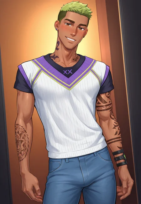 safe_pos, score_9, score_8_up, score_7_up, Masterpiece, Best Quality, beautiful eyes, detailed eyes, male focus, dynamic angle, dim lighting, blush lines, male focus, solo, face focus, front view, seductive smile, teeth, cowboy shot, standing
((male)), ((mature)), ((adult)), handsome, sexy, ((skinny)), ((slim)), ((slender)), ((bara)), ((twink)), white shirt, blue jeans
ValoGekko, brown eyes, brown eyebrows, green hair, very short hair, ((dark skin)), earrings, neck tattoo, arm tattoo, freckles