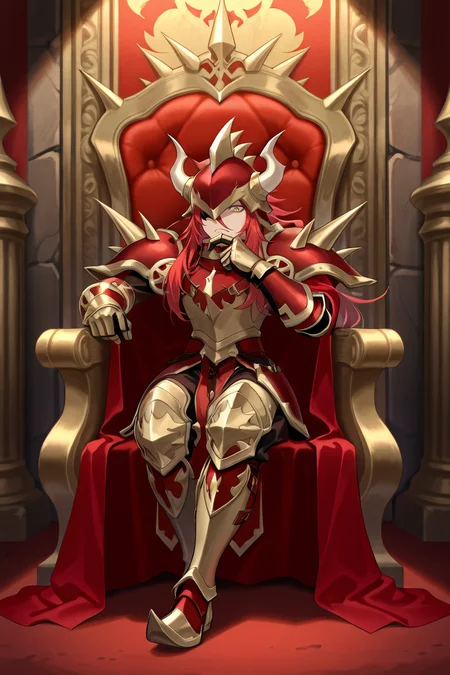 <lora:GulcasaIL:0.8> , guldef, (1boy), red hair, long hair, hair between eyes, yellow eyes, armor, full armor, spikes, shoulder armor, one eye covered, horned helmet, spiked helmet, horned headwear, shoulder spikes, cape, red cape, pauldrons, gauntlets, greaves, full body, sitting, throne, hand on own chin, reclining, majestic, frown, looking at viewer, imposing, ominous, solo, masterpiece, very aesthetic, absurdres, best quality, amazing quality, high resolution, detailed background, <lora:illustrious_quality_modifiers_masterpieces_v1:0.8> , <lora:ChamIllustriousBackgroundEnhancer:0.5>