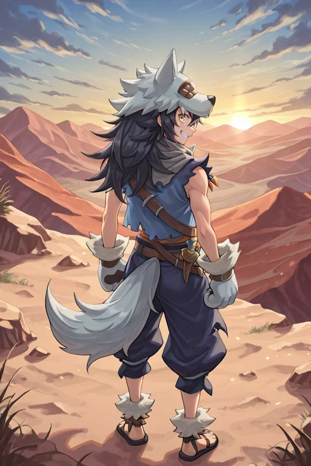 <lora:FlunkyIL:0.8> , fludef, 1boy, black hair, long hair, yellow eyes, wolf hat, wolf hood, wolf pelt, wolf tail, grey scarf, bandana around neck, necklace, tooth necklace, fur trim, blue vest, torn clothes, paw gloves, sandals, full body, wasteland, mountains, exterior, from behind, looking back, grin, (solo), masterpiece, very aesthetic, absurdres, best quality, amazing quality, high resolution, detailed background, <lora:illustrious_quality_modifiers_masterpieces_v1:0.8> , <lora:ChamIllustriousBackgroundEnhancer:0.5>