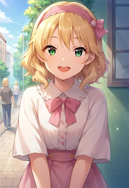 score_9, score_8_up, score_7_up, source_anime,sakurai momoka, blonde hair, green eyes, short hair, hairband, smile, looking at viewer, open mouth, 1girl, pink hairband, solo focus