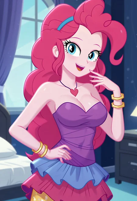 (High Resolution), (More Details), (8K), (High Resolution), score_7, score_8, score_9, Pinkie pie, equestria girls, Bracelets, skirt, skirt rah rah Purple sleeveless dress, off the shoulder, yellow capris tights with colored spots, Sexy and sensual model body, pose, seductive and flirtatious look, beautiful, attractive, Big breasts, Slim waist, abdomen, perfect, Heart necklace, Excellent drawing, Sexy poses, Seductive look, Smiling, Touching her breasts, touching her body, Posing in a hotel room, Next to a hotel bed, Hotel window, at night Very excited, expression of excitement, very excited body, Toned and perfect abdomen, Very erotic and sensual poses, A hand on the waist, a seductive and flirtatious look